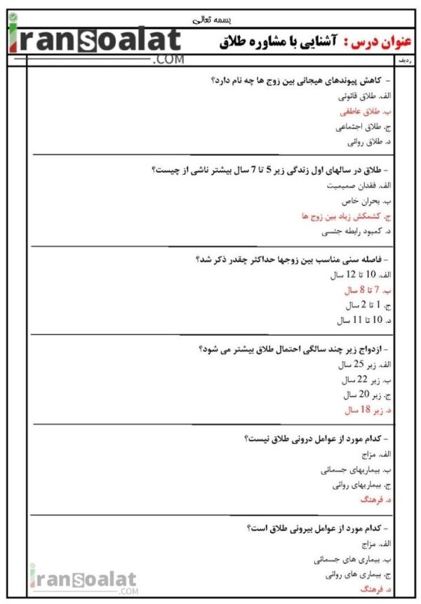 دانلود رایگان سوالات استخدامی آشنایی با مشاوره طلاق با جواب